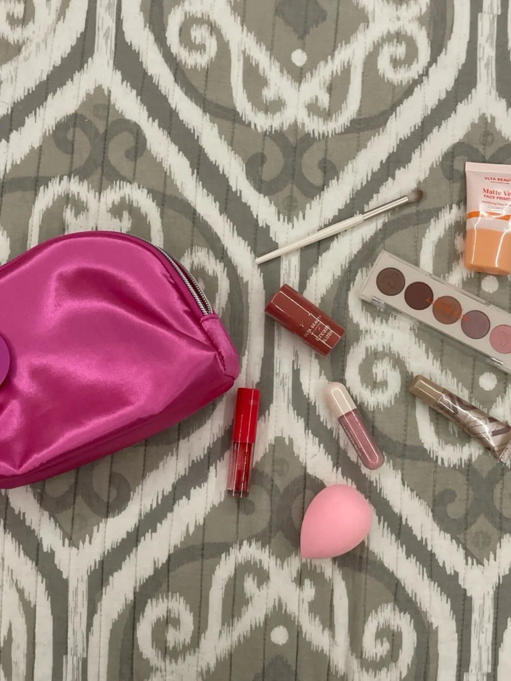 Ulta Beauty Hot Pink Satin Makeup Bag with Pink Primer & Lip Set